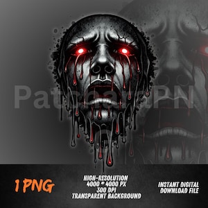 Diseño de camiseta gótica con estética emo oscura y cara de horror en formato PNG, descarga digital por sublimación.