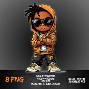Hip-Hop Kid PNG in Hoodie & Sunglasses | Cool Streetwear Cartoon | DTF, Sublimation, Sticker Clipart