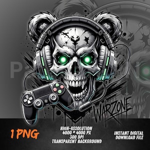 以下が含まれることがあります： ヘッドフォンとゲームコントローラーを持った頭蓋骨のデジタルイラスト。頭蓋骨は緑色の目を持ち、灰色の背景に配置されています。「WARZONE」の文字が様式化されたフォントで書かれています。