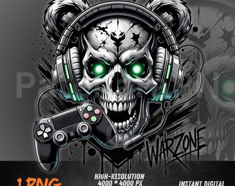 Skull Gamer PNG avec casque et manette - Graphique de style Warzone pour DTF, sublimation, conception de t-shirt