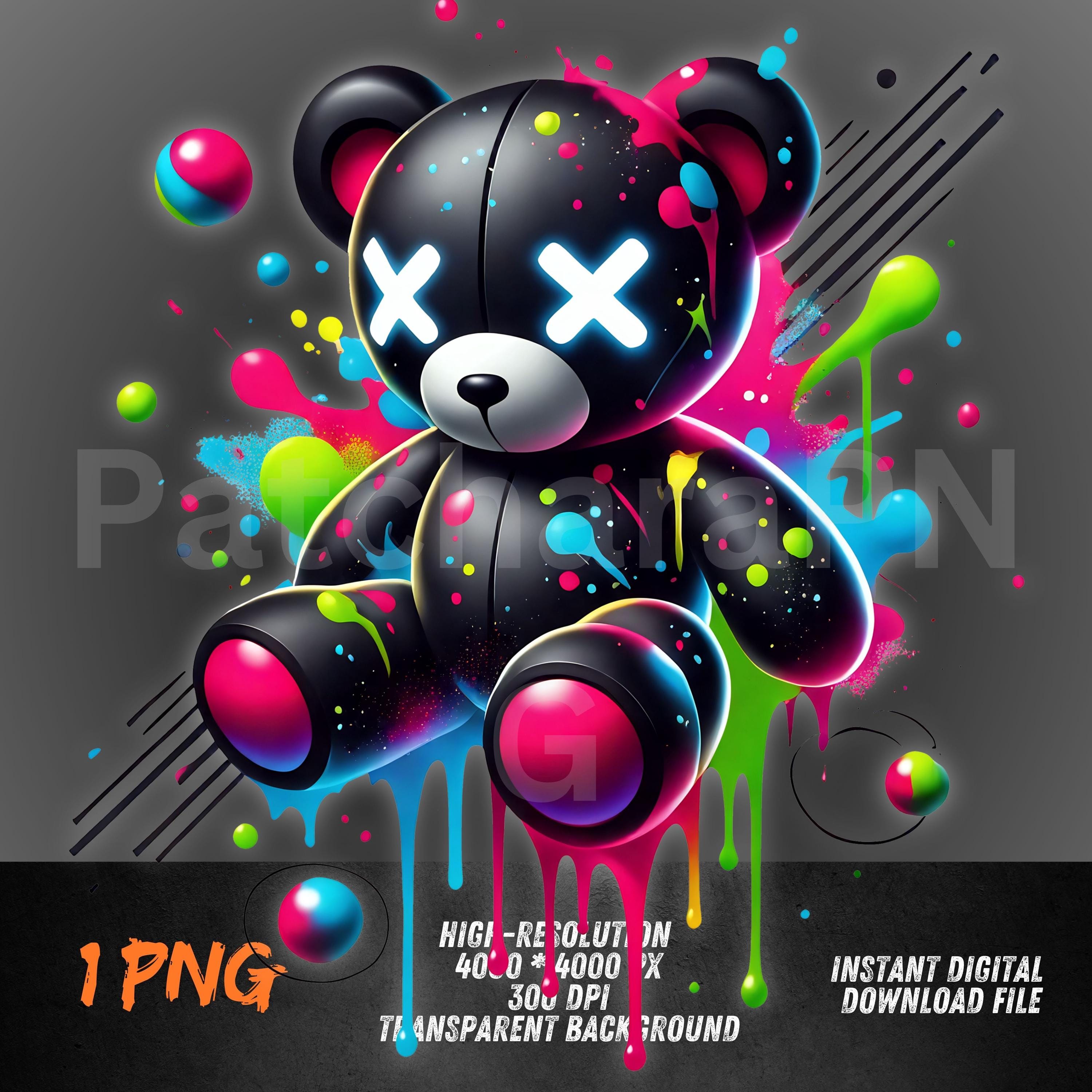 ネオンスプラッターベアPNG | Xアイのカラフルなテディベアクリップ