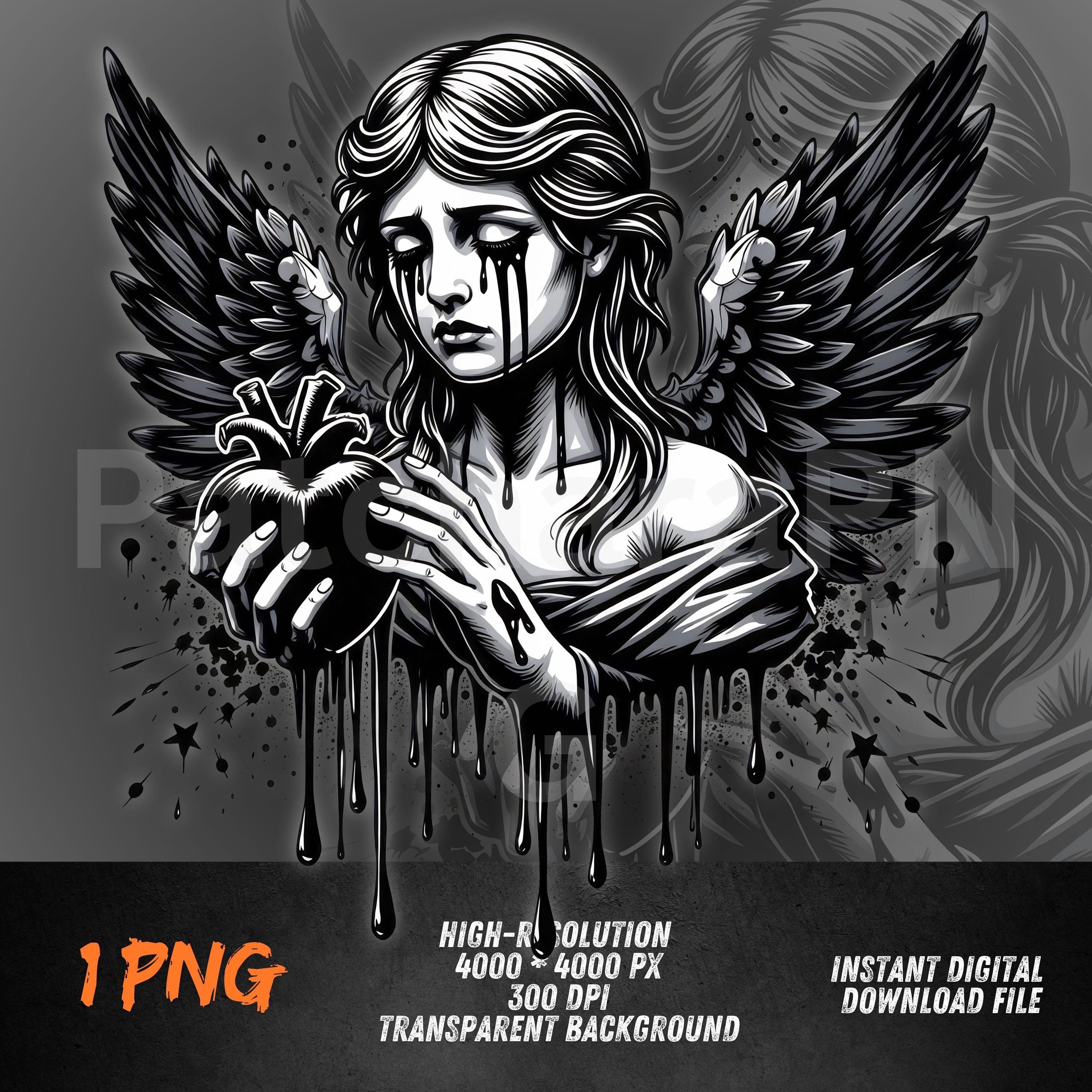 Gothic Dark Angel PNG – Black Tears Winged Woman With Heart