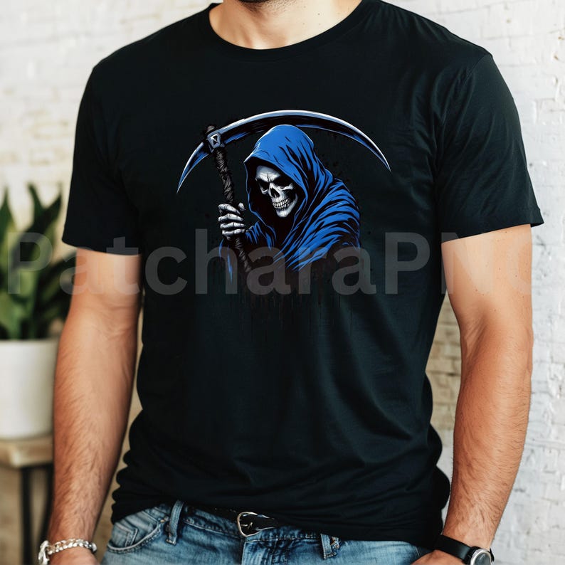 May include: Black t-shirt featuring a graphic of the Grim Reaper with a blue hooded cloak and a scythe. The skull is white, and the scythe has a silver blade. The design is centered on the shirt.
