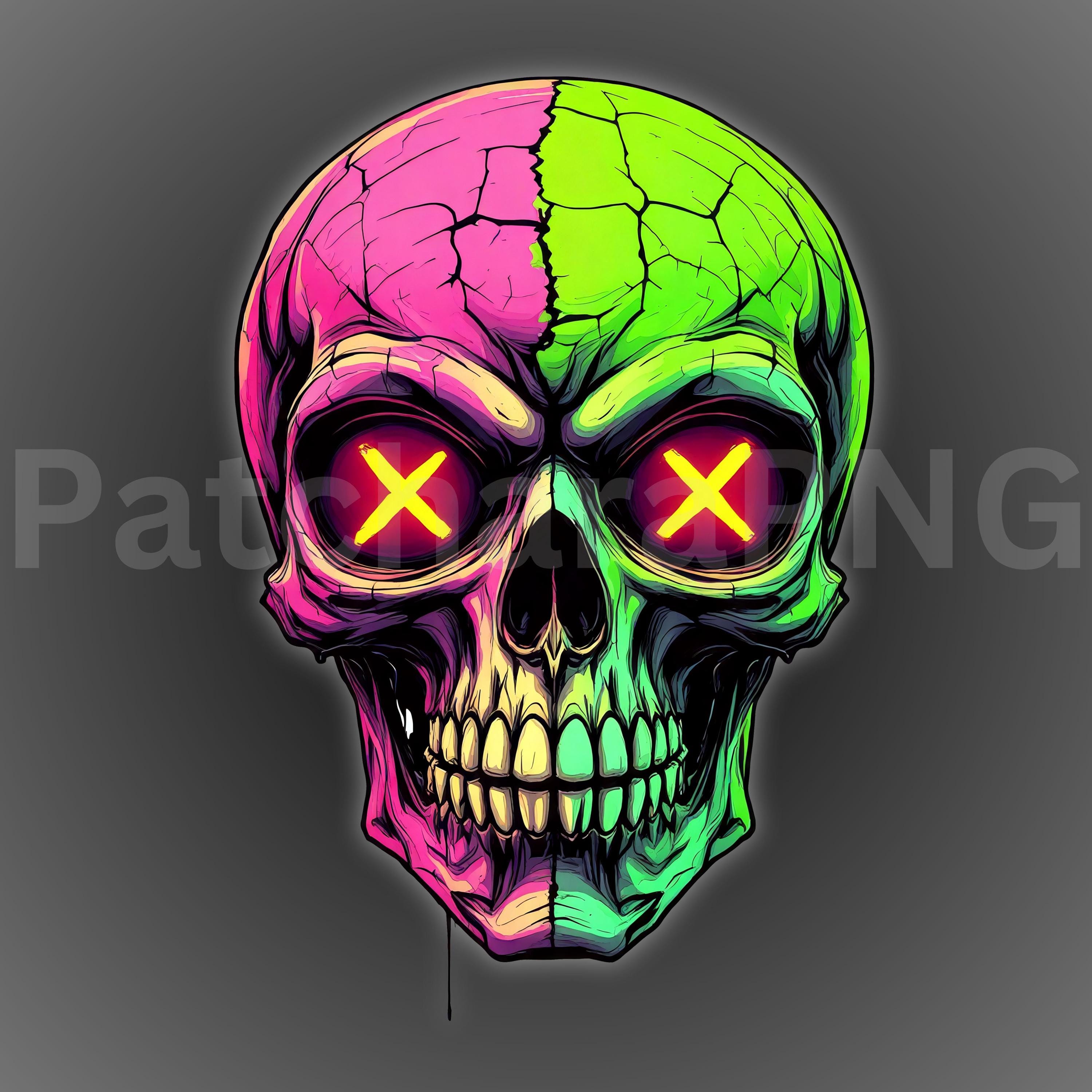 Neon Skull PNG | Psychedelic Glowing Skull Clipart | Vaporwave