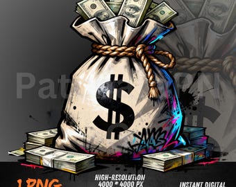 Sacco di soldi PNG in stile graffiti / Clipart di dollari in contanti per maglietta, sublimazione, stampa DTF, adesivo Hustle, design di arte urbana