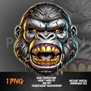 May include: Digital artwork of a gorilla's head with a cracked, metallic texture. The gorilla has red eyes, gold teeth, and gold liquid dripping from its mouth. The image includes the text "1 PNG" and "HIGH-RESOLUTION 4000 * 4000 PX 300 DPI TRANSPARENT BACKGROUND".