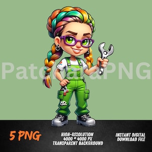 メカニックガールPNG、DTFおよび昇華印刷用カートゥーンレンチガールPNG、グラフィティスタイル、高解像度商用利用