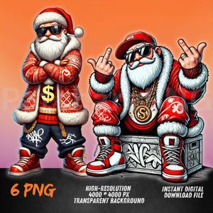 May include: Two digital illustrations of Santa Claus in a hip hop style. One Santa is wearing a red and white patterned sweater, blue jeans, and a gold chain with a dollar sign pendant. The other Santa is wearing a red and white patterned jacket, blue jeans, and a gold chain with a letter S pendant. Both Santas are wearing sunglasses and have a white beard.