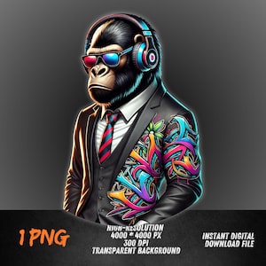 Gorilla Boss PNG | Cool Business Ape Clipart with Headphones | Urban Style Animal Sublimation | Digital Art File