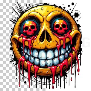 May include: A yellow, cartoonish emoji with a skull-like face and red skulls for eyes. The emoji has a wide, toothy grin with red blood dripping from the mouth. Black ink splatters surround the emoji.