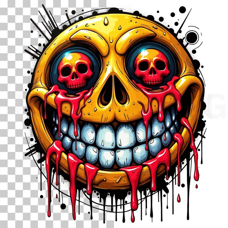 May include: A yellow, cartoonish emoji with a skull-like face and red skulls for eyes. The emoji has a wide, toothy grin with red blood dripping from the mouth. Black ink splatters surround the emoji.
