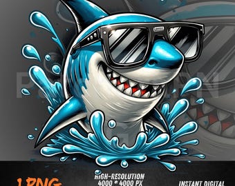 Cool Shark with Sunglasses PNG - Graffiti Ocean Animal for Boys, Sublimation, DTF, Stickers, T-Shirts