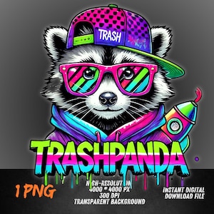 Panda de la basura PNG / Divertido mapache con bebida y vasos / Diseño de sublimación de lindo animal urbano / Arte digital de alta resolución