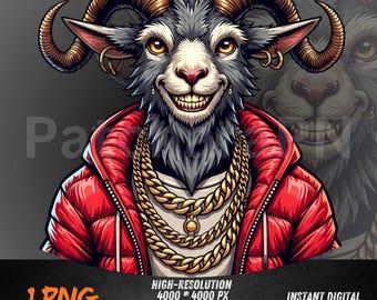 Urban Goat PNG | Gangsta Goat with Chains and Hoodie | Cool Attitude Animal Clipart | Streetwear Goat Design PNG