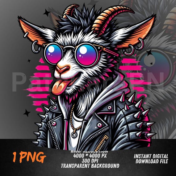 Goat Punk PNG | Neon Goat Clipart With Jacket and Sunglasses