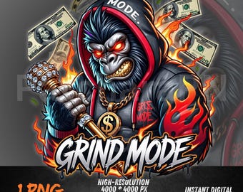 Gorilla Grind Mode PNG – Hip Hop Monkey Graphic for DTF, Streetwear Sublimation, Money Power Hustle Clipart
