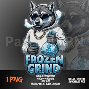 PNG di Frozen Grind Wolf / Clipart di Hustle Wolf per il design di magliette urbane / Lupo gangsta con sacco di soldi / Arte digitale streetwear