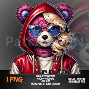 Pink Bear Girl PNG, Glam Varsity Hoodie Clipart, Streetwear Teddy Sublimation Design, Cute Curly Hair DTF Transfer, Urban Animal Art
