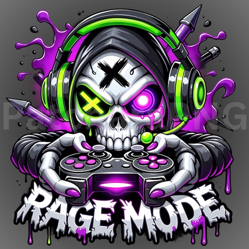 May include: A digital illustration of a skull wearing headphones and a hood, holding a video game controller. The skull has a glowing eye and a cross on its forehead. The words "RAGE MODE" are displayed in a dripping font.