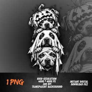 May include: A black and white digital illustration featuring a stack of three dogs. The top dog wears a carved pumpkin, the middle dog is draped in a ghost sheet, and the bottom dog is wrapped in mummy bandages. Text reads 1 PNG 4000 * 4000 PX 300 DPI.