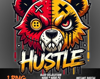 Graffiti Hustle Bear PNG | Urban Hip Hop Bear Clipart | Streetwear Red Bold Bear SVG | Hustle T-Shirt Sublimation Design
