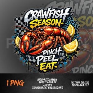 Peut inclure: Graphique numérique avec un écrevisse rouge vif, des pinces proéminentes et des quartiers de citron. Le texte "CRAWFISH SEASON" est au-dessus, avec "PINCH PEEL EAT" en dessous. Le design inclut un drapeau à damier et des éclaboussures de peinture.