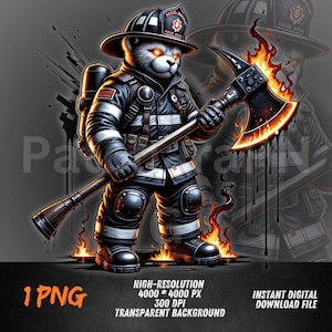 May include: Digital illustration of a bear dressed as a firefighter, holding an axe with flames. The bear wears a black helmet, jacket, and boots. The image includes text that says "HIGH-RESOLUTION 4000 * 4000 PX 300 DPI TRANSPARENT BACKGROUND" and "INSTANT DIGITAL DOWNLOAD FILE".