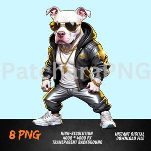 Pitbull estilo PNG / Pitbull genial con sudadera con gafas de sol y cadena / Diseño de sublimación de perro callejero