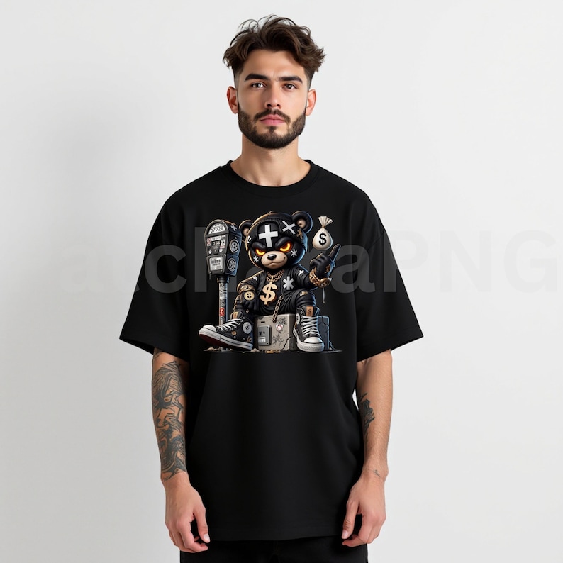 May include: Black t-shirt featuring a cartoon bear with a cross and dollar sign design. The bear is wearing a gold chain and holding a money bag. The bear is sitting on a box next to a parking meter.