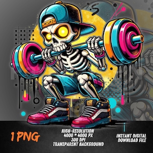Puede incluir: Ilustración digital de un esqueleto con gorra y pantalones cortos azules, levantando una barra con pesas coloridas. El esqueleto lleva zapatillas altas. El fondo incluye un círculo amarillo y el texto "1 PNG".