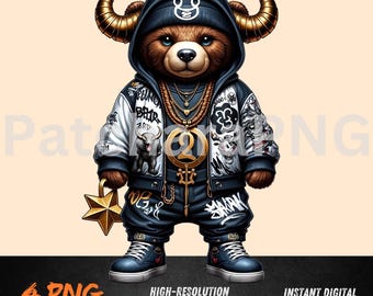 Taurus Hip-Hop Teddy Bear Zodiac Clipart | Cool Taurus Bear with Gold Chain & Sneakers | Digital Download PNG for T-Shirts, Sublimation,