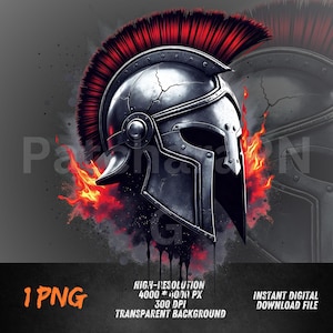 Puede incluir: Ilustración digital de un casco espartano con una pluma roja, sobre un fondo oscuro y ahumado con llamas. El casco es gris metálico con grietas visibles, y la imagen incluye texto: "1 PNG", "HIGH-RESOLUTION" y "INSTANT DIGITAL DOWNLOAD FILE."