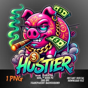 Cerdo estafador de dibujos animados PNG / Arte de graffiti de cerdito rico Clipart / Diseño digital audaz con temática de dinero para camisetas y decoración