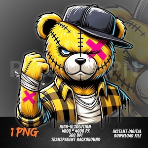 Plaid Shirt Bear PNG | Gangsta Teddy Clipart with Hat and X Eyes | Urban Streetwear Design | Swag Teddy PNG | Sublimation Art