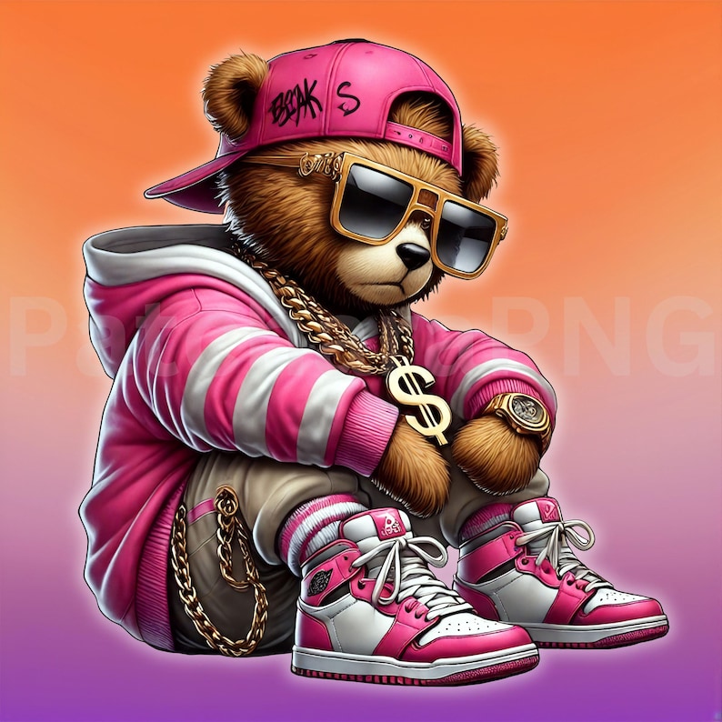Pink Rapper Bear Pink Swag Bear PNG | Hip Hop Teddy Clipart With Bling and Cap | Gangsta ...