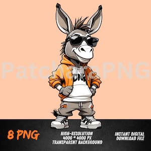 Cool Donkey Cartoon Character in Hip-Hop Streetwear | Graffiti-Style Animal Art Printable PNG | Urban T-Shirt Design