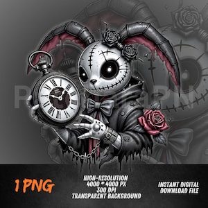 以下が含まれることがあります： 懐中時計を持ったゴシック風のウサギのキャラクターのデジタルイラスト。ウサギは縫い目の顔、黒い目をしており、バラで飾られています。黒いコートと蝶ネクタイを着ています。画像には「1 PNG」、「高解像度」および「インスタントデジタルダウンロードファイル」のテキストが含まれています。