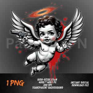 Dark Angel Baby PNG | Flying Cherub Clipart with Halo and Blood | Gothic Heaven and Hell Design | High-Resolution Sublimation File