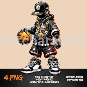 Hip-Hop Basketball Player Cartoon Clipart | Cool Basketball Character with Gold Chain & Cap | Digital Download PNG for T-Shirts, Sublimation