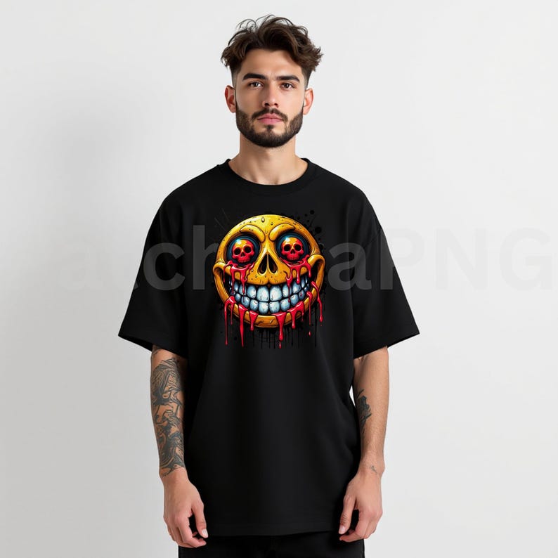 May include: Black t-shirt featuring a yellow smiley face with a skull design. The graphic includes red dripping blood and skull eyes. The shirt is a short-sleeved crew neck.