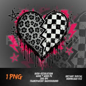 May include: A digital graphic of a broken heart with a black and white checkered pattern on one side and a leopard print design on the other. Pink lightning bolts and stars surround the heart, with black drips. The image includes text: "1 PNG", "HIGH-RESOLUTION 4000 * 4000 PX 300 DPI TRANSPARENT BACKGROUND" and "INSTANT DIGITAL DOWNLOAD FILE".