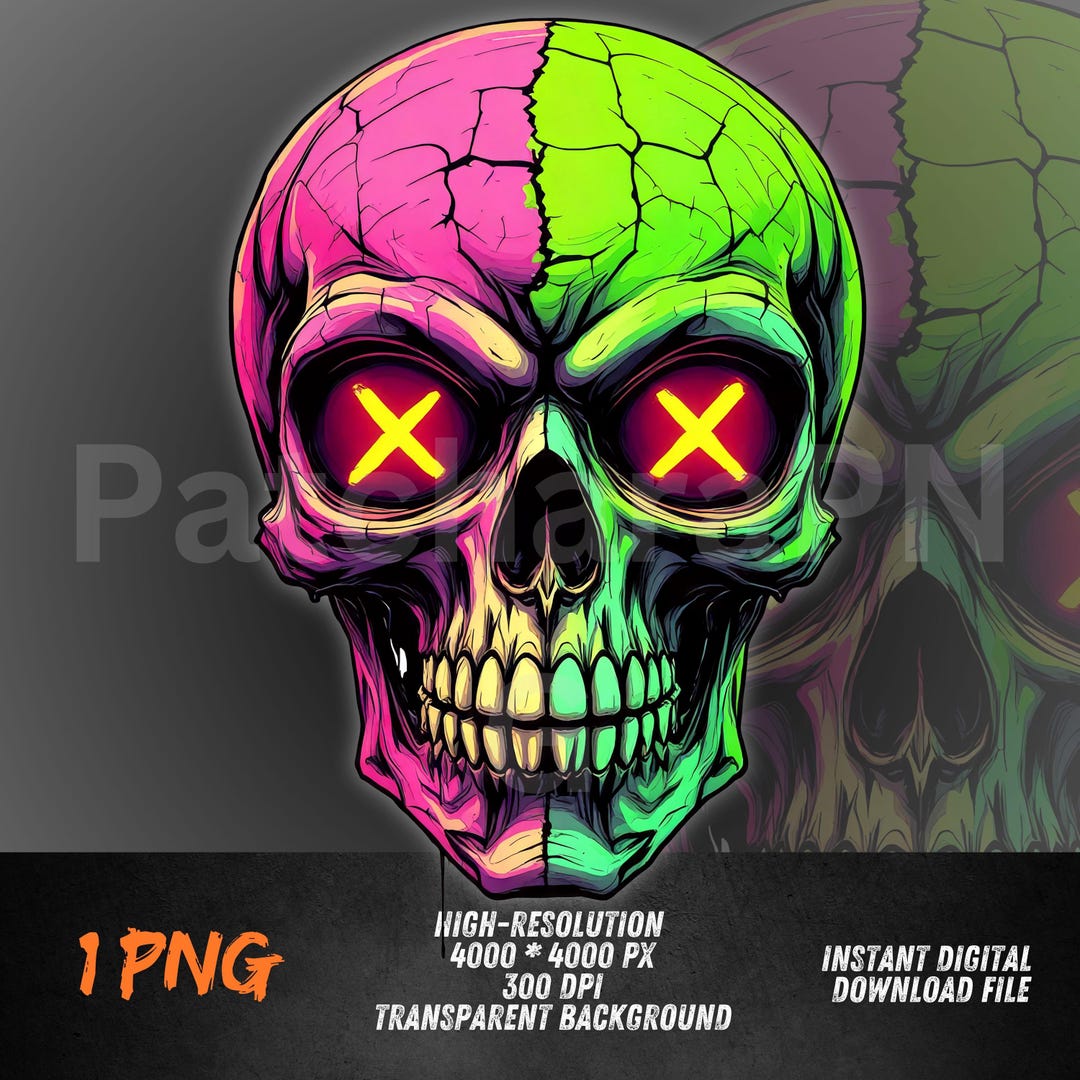 Neon Skull PNG | Psychedelic Glowing Skull Clipart | Vaporwave