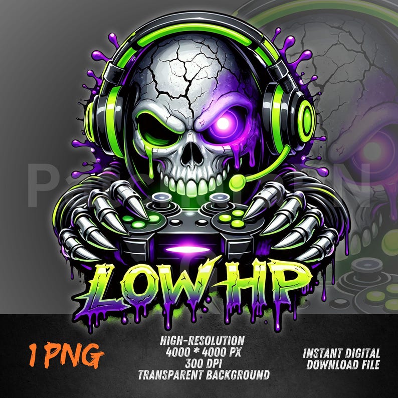 May include: Digital illustration of a skull wearing a headset and holding a game controller. The skull is white with purple and green accents, and the text "LOW HP" is below. The image also includes the text "1 PNG" and "HIGH-RESOLUTION 4000 * 4000 PX 300 DPI TRANSPARENT BACKGROUND INSTANT DIGITAL DOWNLOAD FILE."
