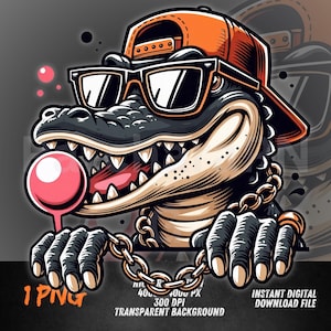 Puede incluir: Ilustración de dibujos animados de un caimán con gafas de sol y una gorra de béisbol naranja. El caimán tiene una cadena dorada y sostiene una piruleta rosa. Incluye el texto "1 PNG" y "INSTANT DIGITAL DOWNLOAD FILE".