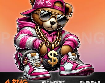 Pink Swag Bear PNG | Hip Hop Teddy Clipart with Bling and Cap | Gangsta Street Style Bear | Urban Sublimation Design | Cool Teddy PNG