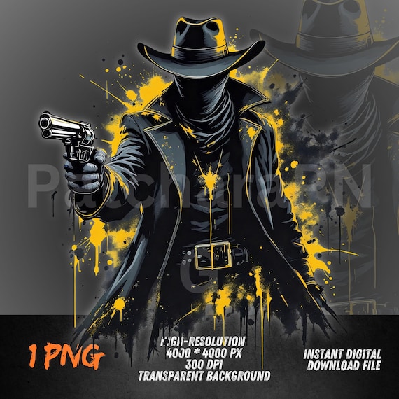 Yellow Graffiti Cowboy PNG – Outlaw Gunman Western Art for