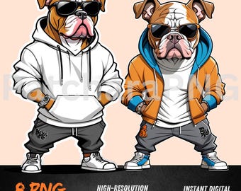Swag Bulldog PNG | Twin Bulldog Clipart in Hoodies | Urban Street Dog Sublimation Design | Cool Pet Digital File