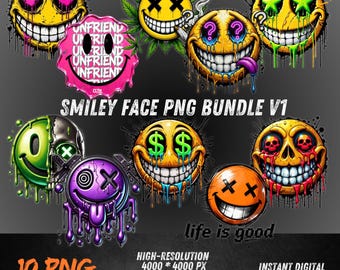Glitch Smiley Face PNG Clipart Bundle - Neon Rave Emojis (digital