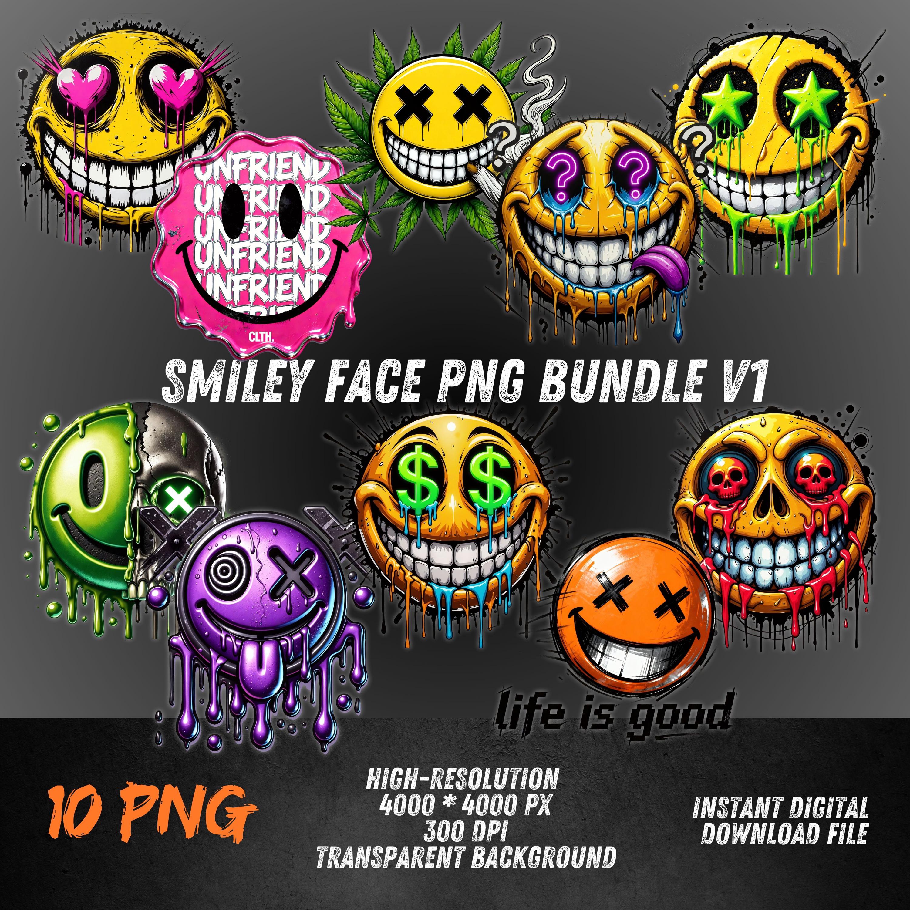 Melting Smiley Face PNG Bundle | Acid Grunge Clipart for