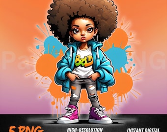 Afro Girl Clipart | Urban Street Style PNG | Black Girl Art for Sublimation | Graffiti Fashion Printable | Teen Hip Hop Aesthetic